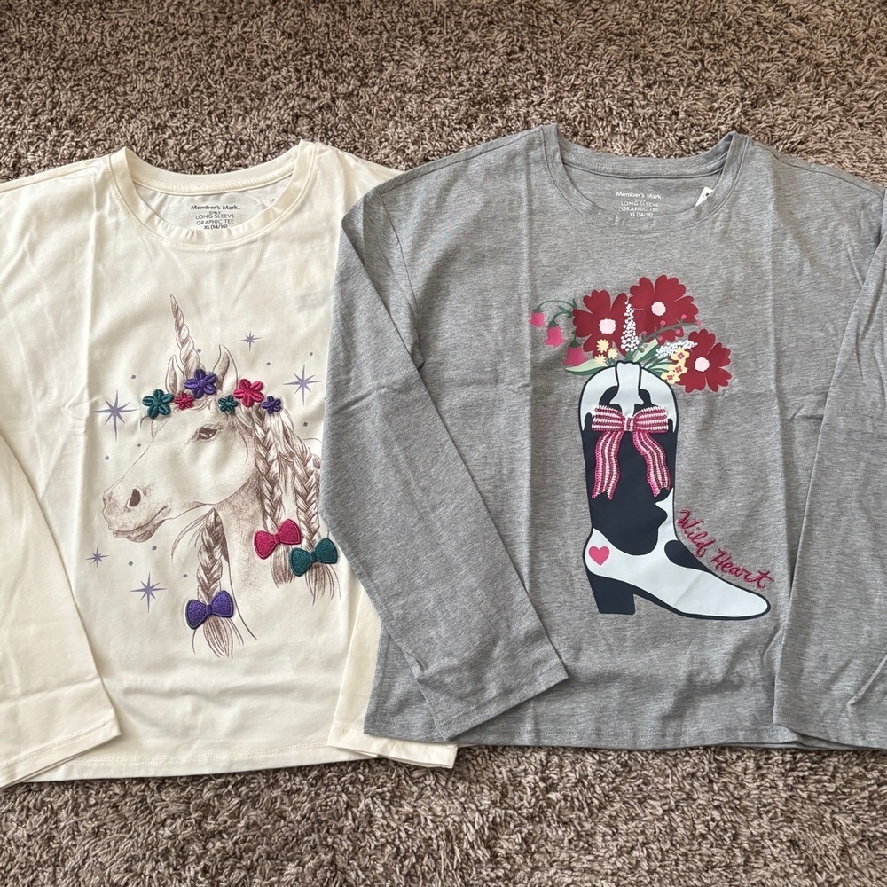 Kids Long Sleeve Unicorn and Boot Tops - Cream & Gray